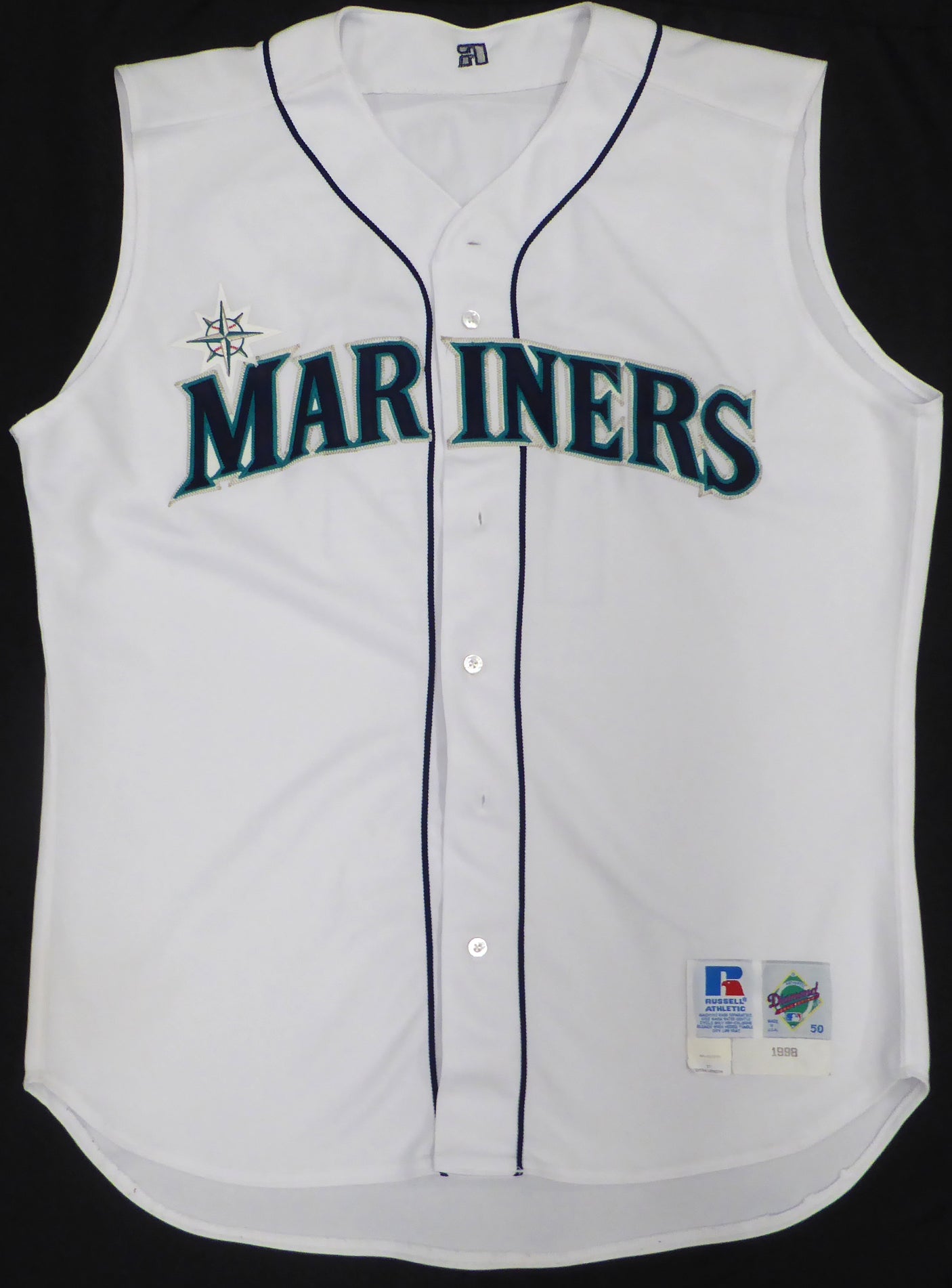 Seattle Mariners Jay Buhner Autographed White Russell Jersey 1998 Home Sleeveless Size 50 Beckett BAS QR #BH26884