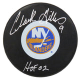 Clark Gillies Signed Islanders Logo Hockey Puck w/HOF'02