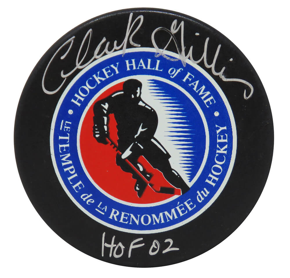 Clark Gillies Signed Hall of Fame Logo Hockey Puck w/HOF'02