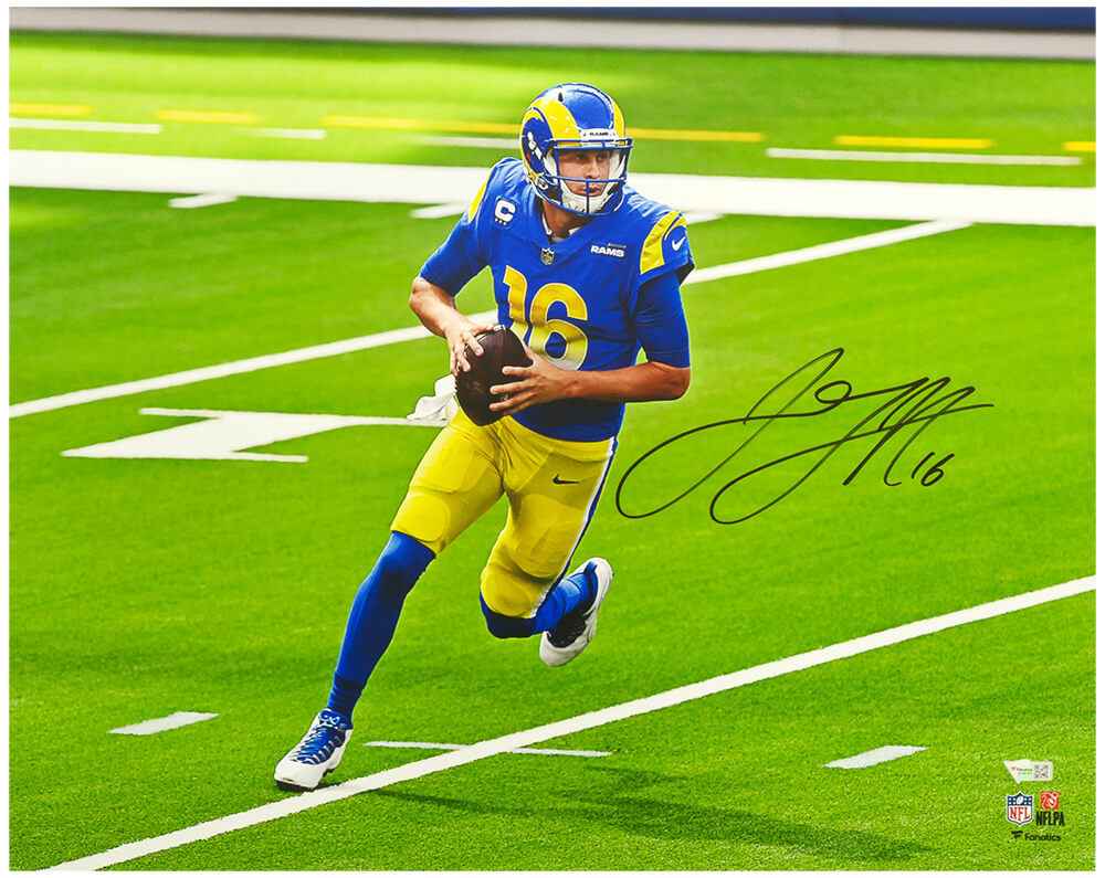 Jared Goff Signed Los Angeles Rams Blue Jersey Action 16x20 Photo (Fanatics)