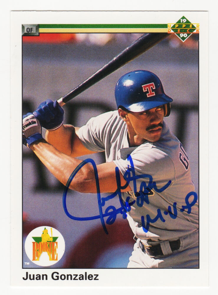 Juan Gonzalez Signed Texas Rangers 1990 Upper Deck Rookie Baseball Card #72 w/2x AL MVP