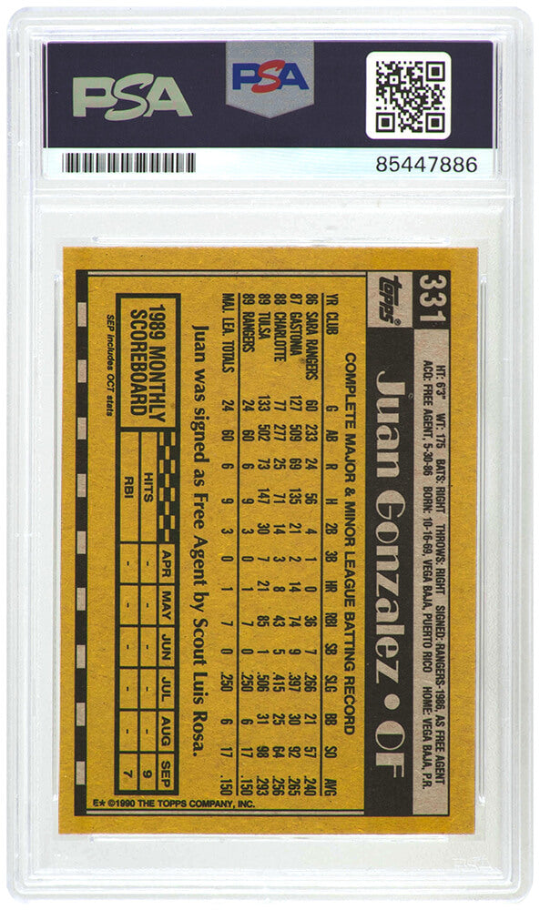 Juan Gonzalez Signed Texas Rangers 1990 Topps Rookie Baseball Card #331 w/2x MVP - (PSA Encapsulated)