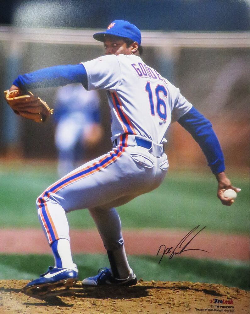 Dwight 'Doc' Gooden Signed New York Mets Pitching Grey Jersey Action 16x20 Photo