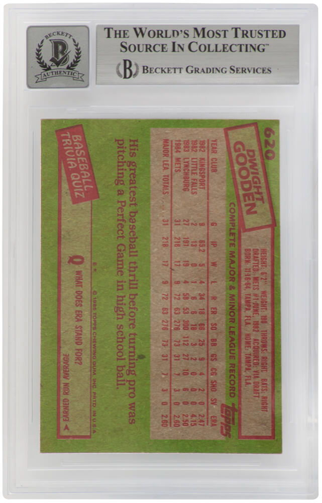Dwight Gooden Signed Mets 1985 Topps Rookie Baseball Card #620 - (Beckett - Auto Sticker - Grade 10)