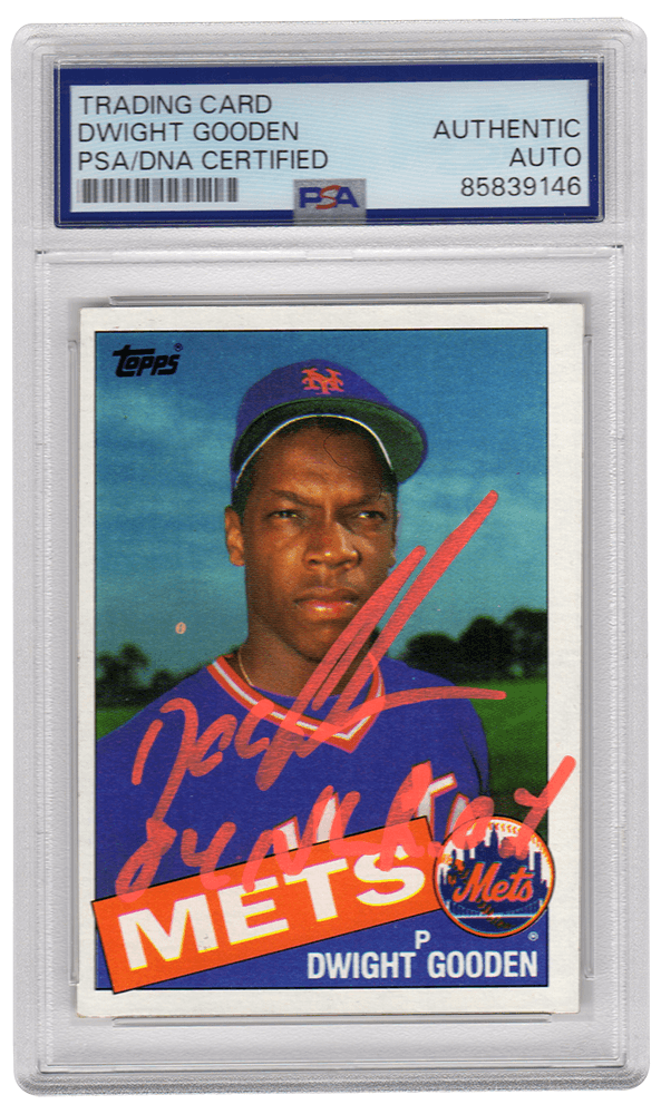 Dwight Gooden Signed Mets 1985 Topps Rookie Baseball Card #620 w/84 NL ROY (In Orange) - (PSA Encapsulated)