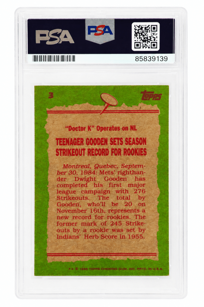 Dwight Gooden Signed Mets 1985 Topps Record Breaker Baseball Card #3 - (PSA Encapsulated)