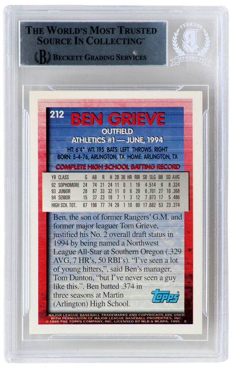 Ben Grieve Signed Oakland A's 1995 Topps Rookie Baseball Card #212 w/98 AL ROY - (Beckett Encapsulated)