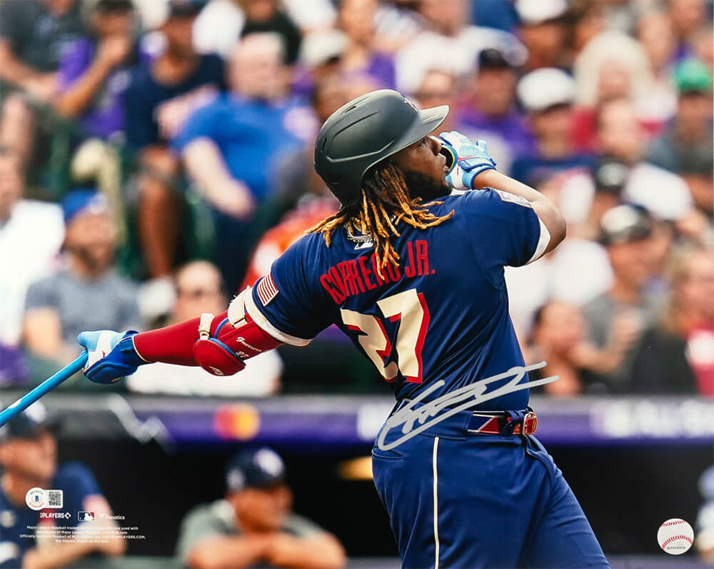 Vladimir Guerrero Jr Signed Toronto Blue Jays Blue Jersey Swinging Action 16x20 Photo - (Beckett)