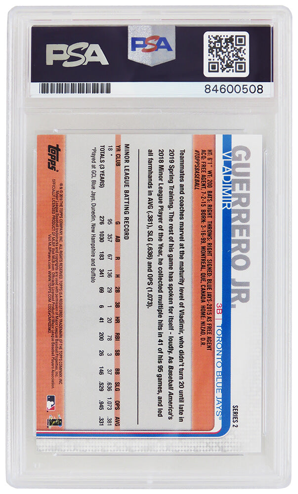 Vladimir Guerrero Jr Signed Toronto Blue Jays 2019 Topps Series 2 Rookie Baseball Trading Card (No #) (PSA/DNA Encapsulated)