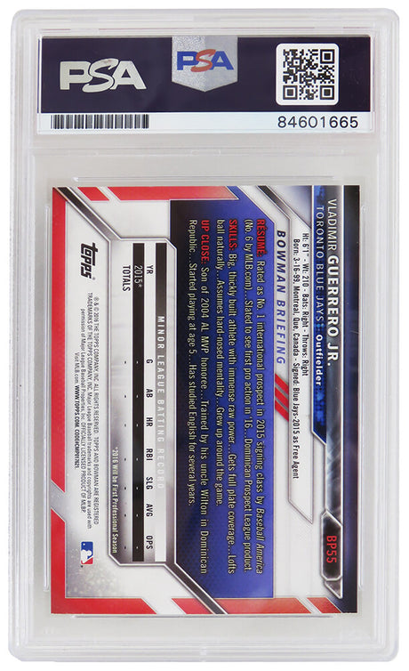 Vladimir Guerrero Jr Signed Toronto Blue Jays 2016 Topps Bowman Rookie Baseball Trading Card #BP55 - (PSA/DNA - Auto Grade 10)
