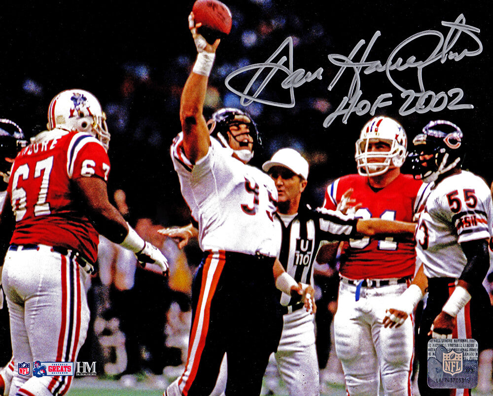 Dan Hampton Signed Chicago Bears Super Bowl XX Holding Football vs Patriots 8x10 Photo w/HOF 2002