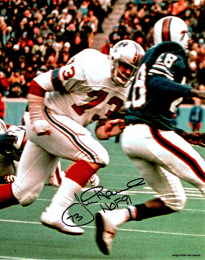 John Hannah Signed New England Patriots Action 8x10 Photo w/HOF'91