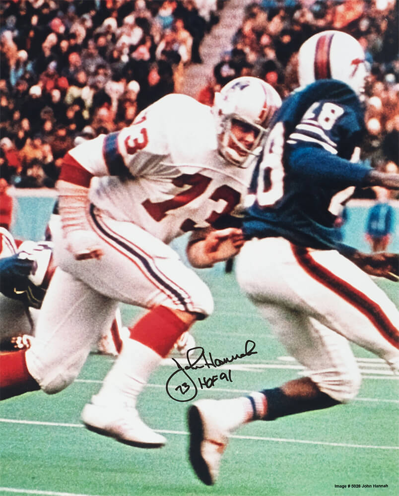 John Hannah Signed New England Patriots White Jersey Action 16x20 Photo w/HOF'91