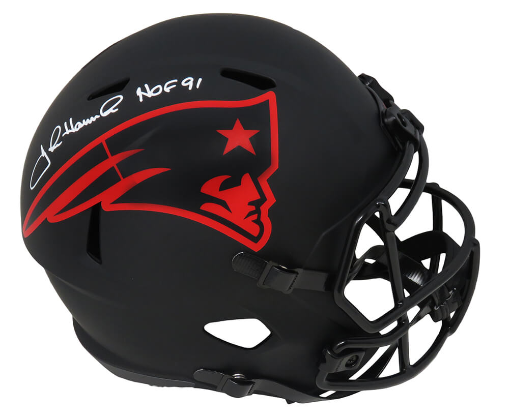 John Hannah Signed New England Patriots Eclipse Black Matte Riddell Full Size Speed Replica Helmet w/HOF'91