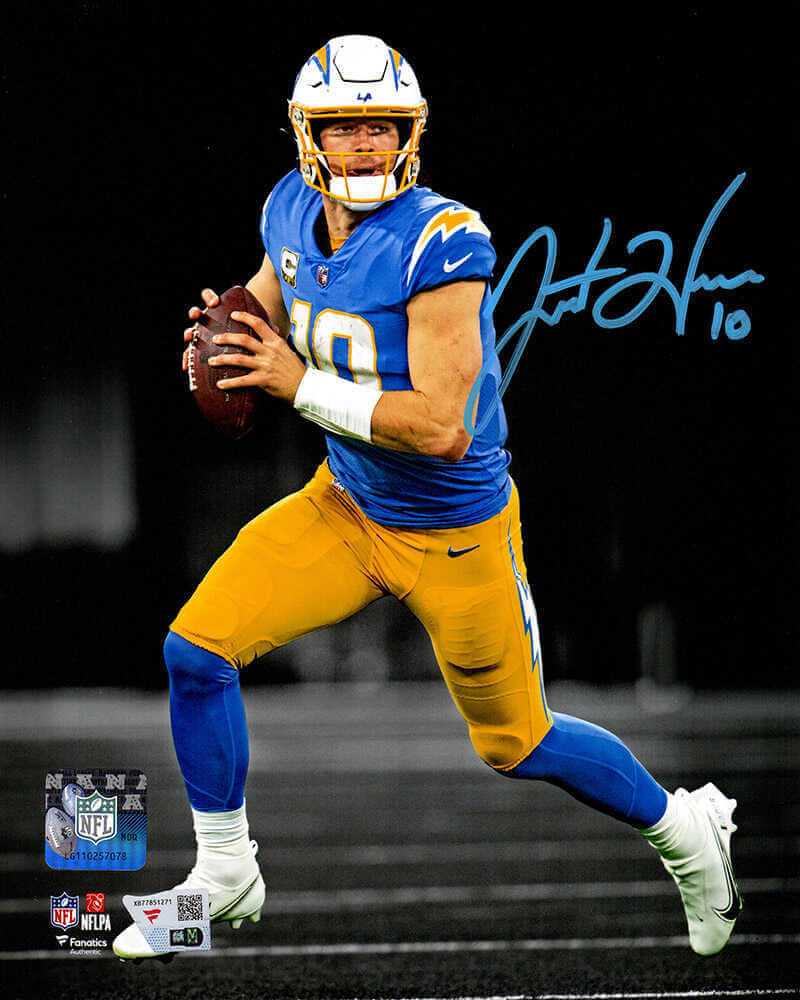 Justin Herbert Signed Los Angeles Chargers Rolling Out Spotlight Action 8x10 Photo - (Fanatics)