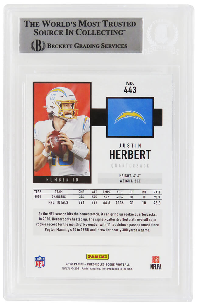 Justin Herbert Signed Los Angeles Chargers 2020 Score Rookie Football Card #443 - (Beckett Encapsulated)