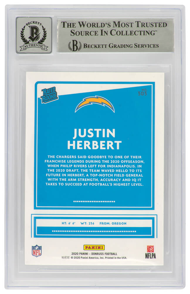 Justin Herbert Signed Chargers 2020 Donruss Rated Rookie Football Card #303 - (Beckett / Auto Grade 10)