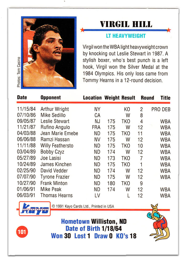 Virgil Hill Signed 1991 Kayo Boxing Trading Card #101 w/HOF'13