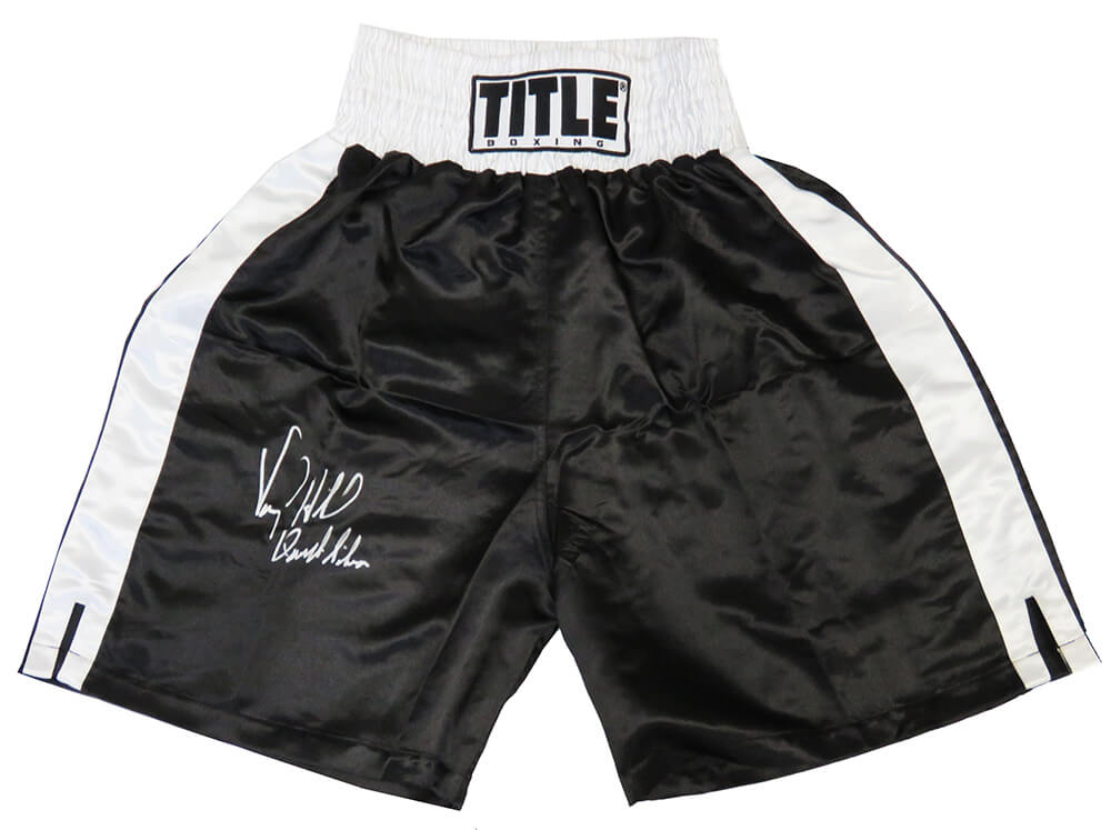 Virgil Hill Signed Title Black With White Trim Boxing Trunks w/Quicksilver