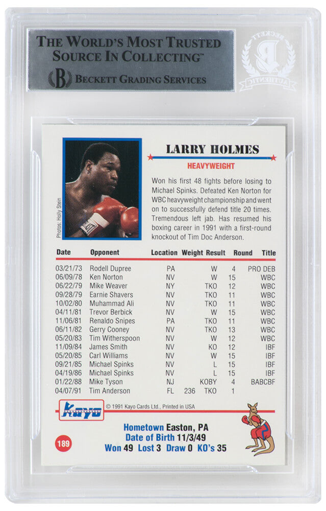 Larry Holmes Signed 1991 Kayo Boxing Trading Card #189 - (Beckett Encapsulated)