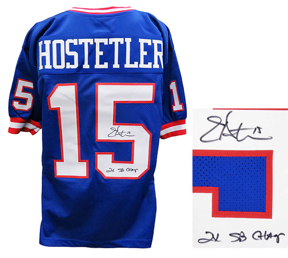 Jeff Hostetler Signed Blue Throwback Custom Football Jersey w/2x SB Champs