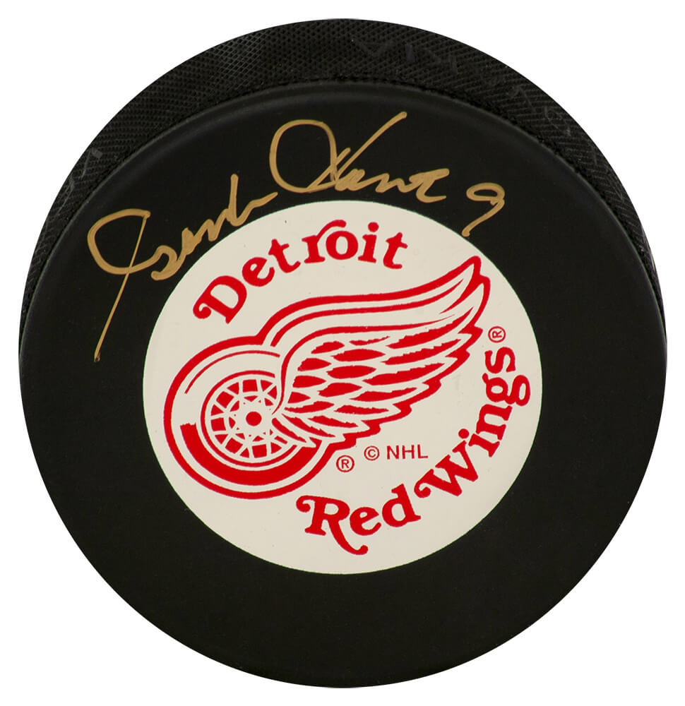Gordie Howe Signed Red Wings Large Logo With White Background Hockey Puck - (JSA COA)
