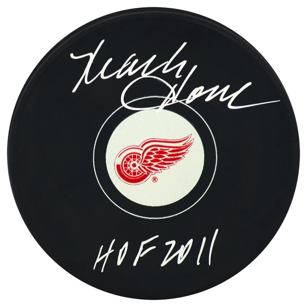 Mark Howe Signed Detroit Red Wings Logo Hockey Puck w/HOF 2011