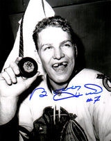 Bobby Hull Signed Blackhawks B&W Holding 1st 50th Goal Puck 8x10 Photo