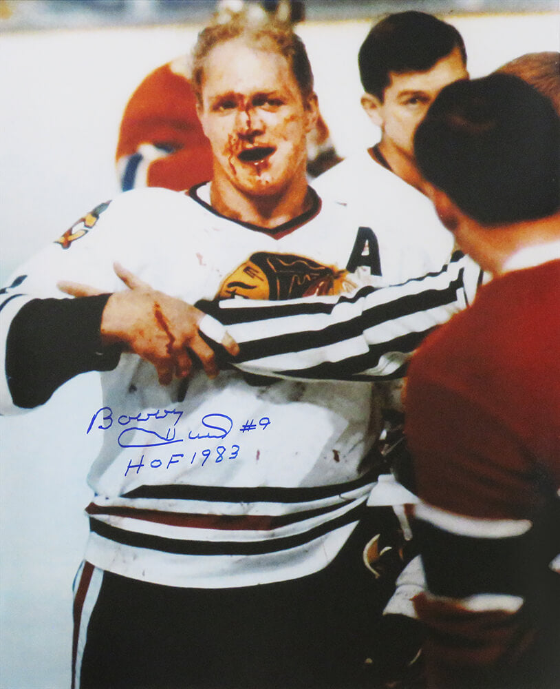 Bobby Hull Signed Chicago Blackhawks Blood On Face 16x20 Photo w/HOF 1983