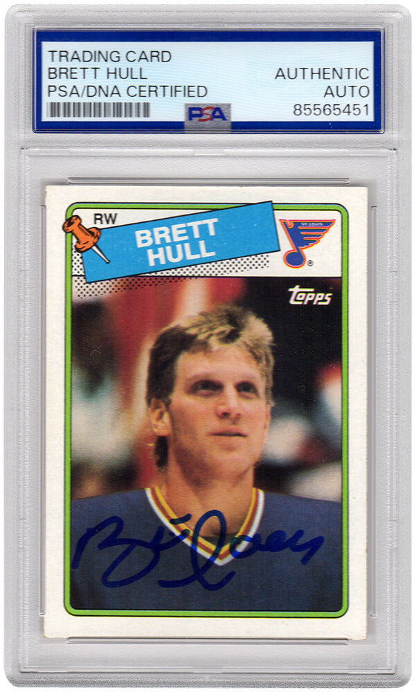 Brett Hull Signed St Louis Blues 1988 Topps Rookie Hockey Card #66 - (PSA Encapsulated)