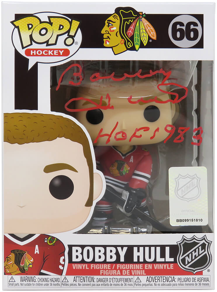 Bobby Hull Signed Chicago Blackhawks NHL Funko Pop Doll #66 w/HOF 1983