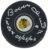 Bobby Hull Signed Chicago Blackhawks Logo Hockey Puck w/1st 50th 03-25-62