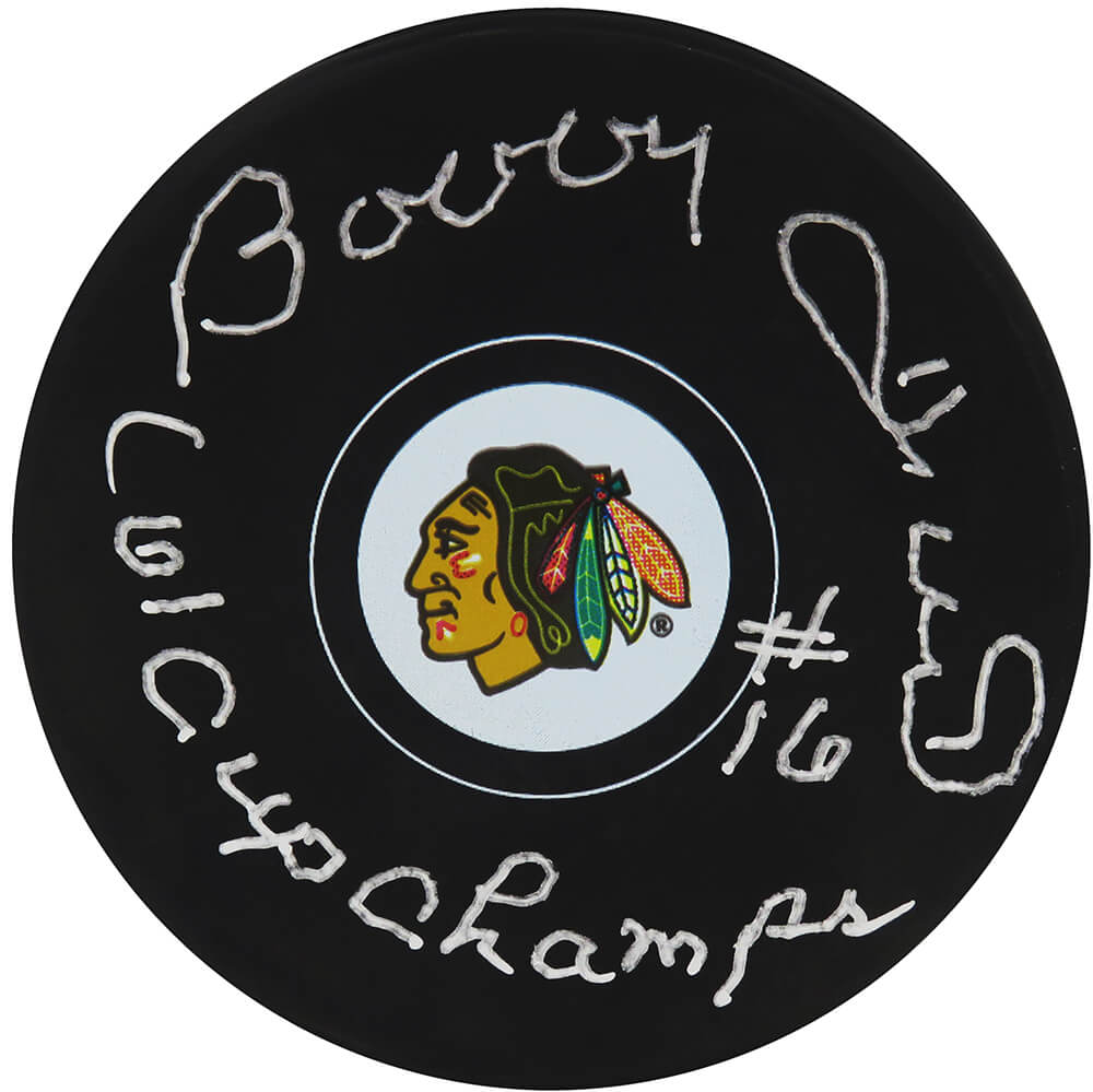 Bobby Hull Signed Chicago Blackhawks Team Logo Hockey Puck w/61 Cup Champs