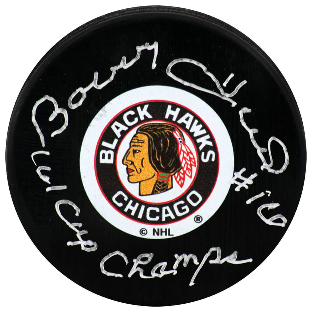 Bobby Hull Signed Chicago Blackhawks Throwback Logo Hockey Puck w/61 Cup Champs - (PSA)