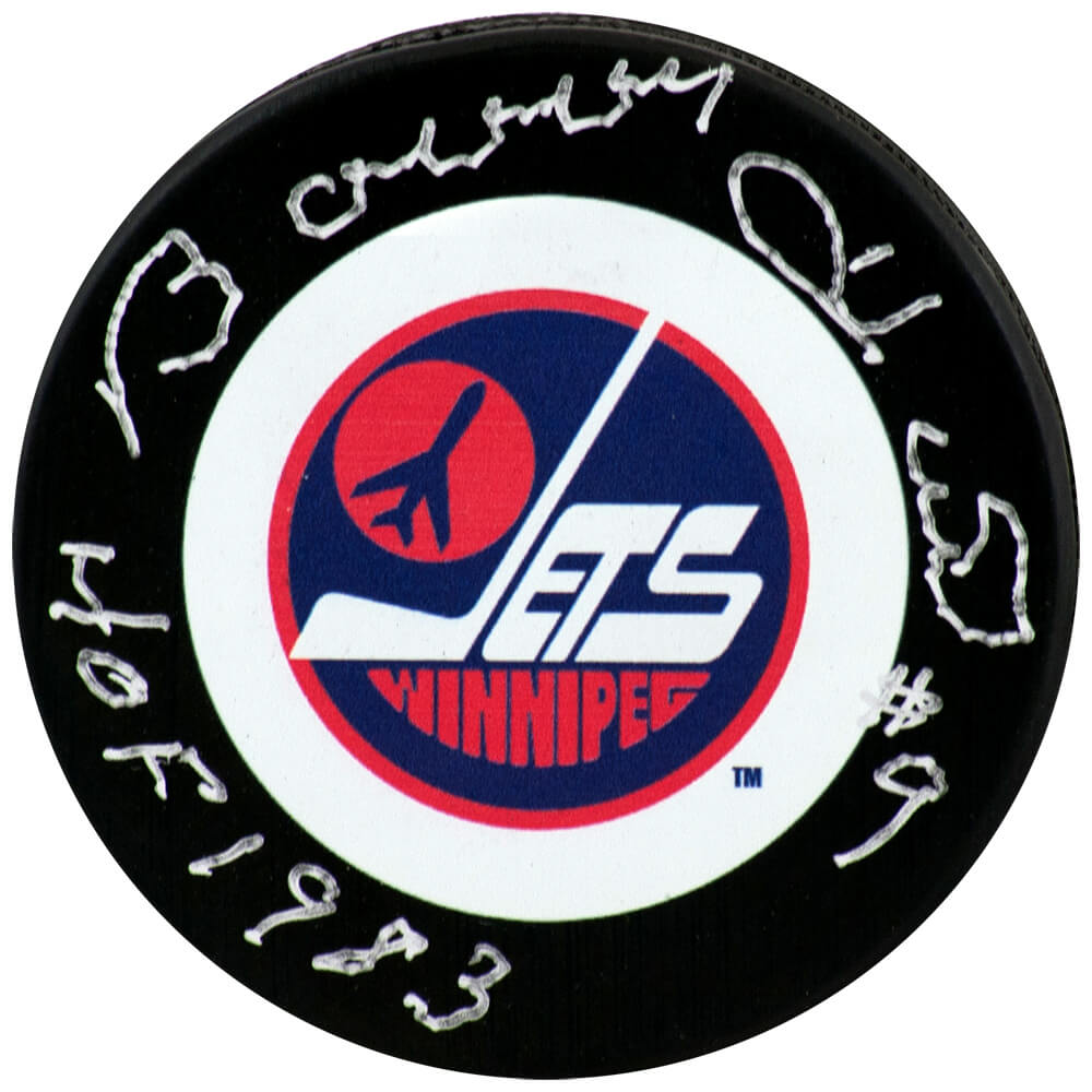 Bobby Hull Signed Winnipeg Jets Throwback Logo Hockey Puck w/HOF 1983 - (PSA)
