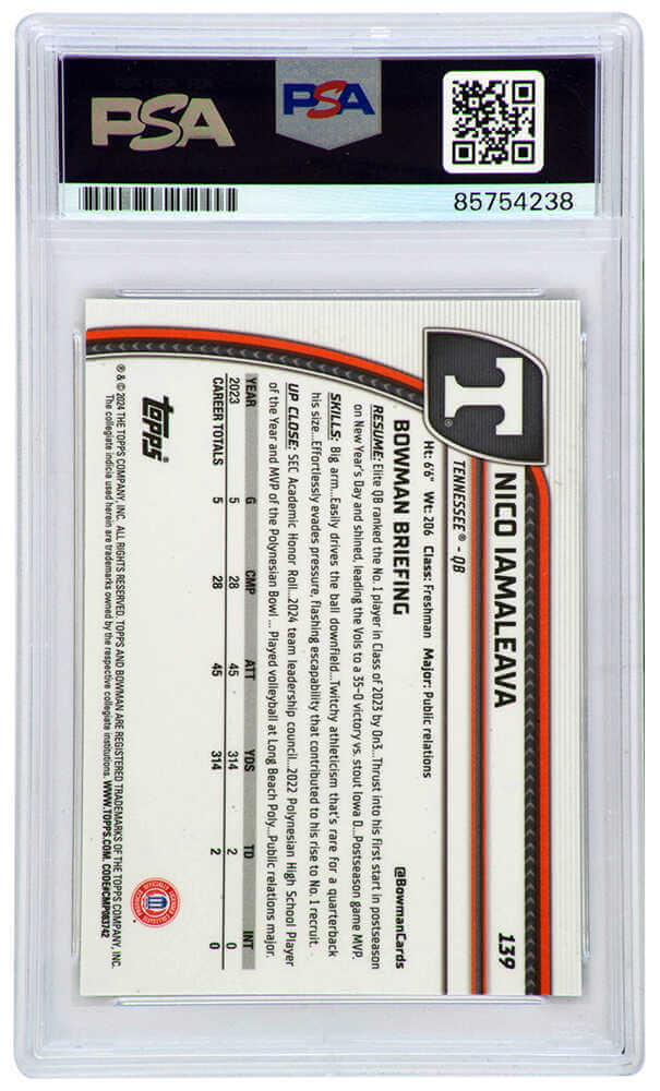 Nico Iamaleava Signed 2024 Bowman Chrome (1st Bowman) Purple Refractor LE/399 Football Card #139 - (PSA - Auto Grade 10)