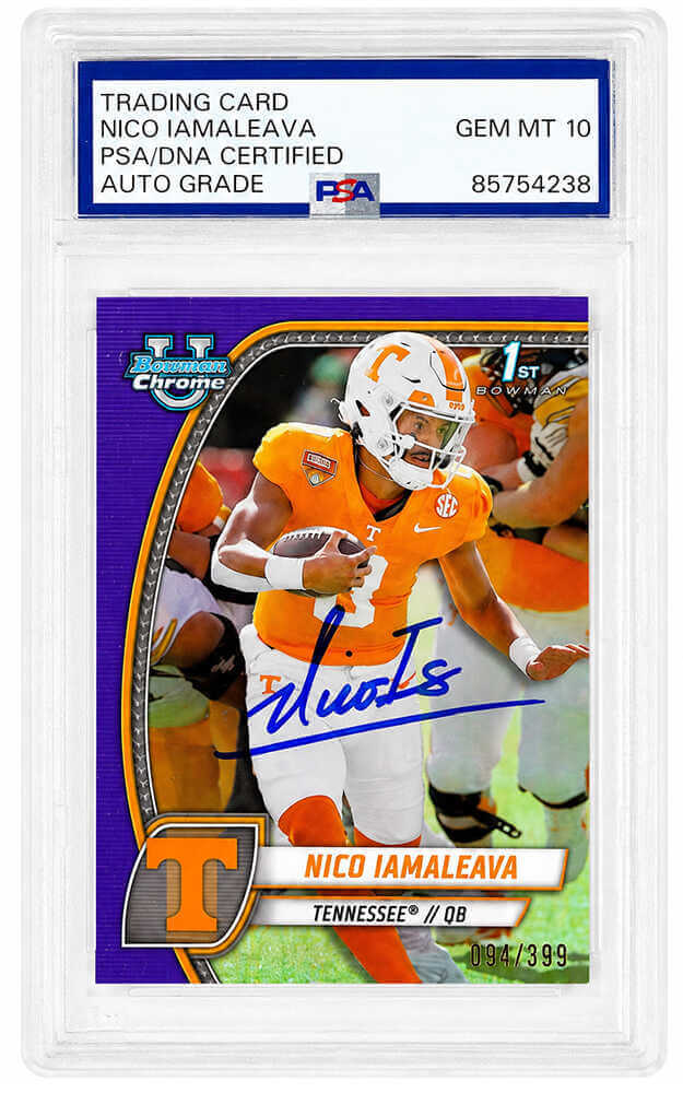 Nico Iamaleava Signed 2024 Bowman Chrome (1st Bowman) Purple Refractor LE/399 Football Card #139 - (PSA - Auto Grade 10)