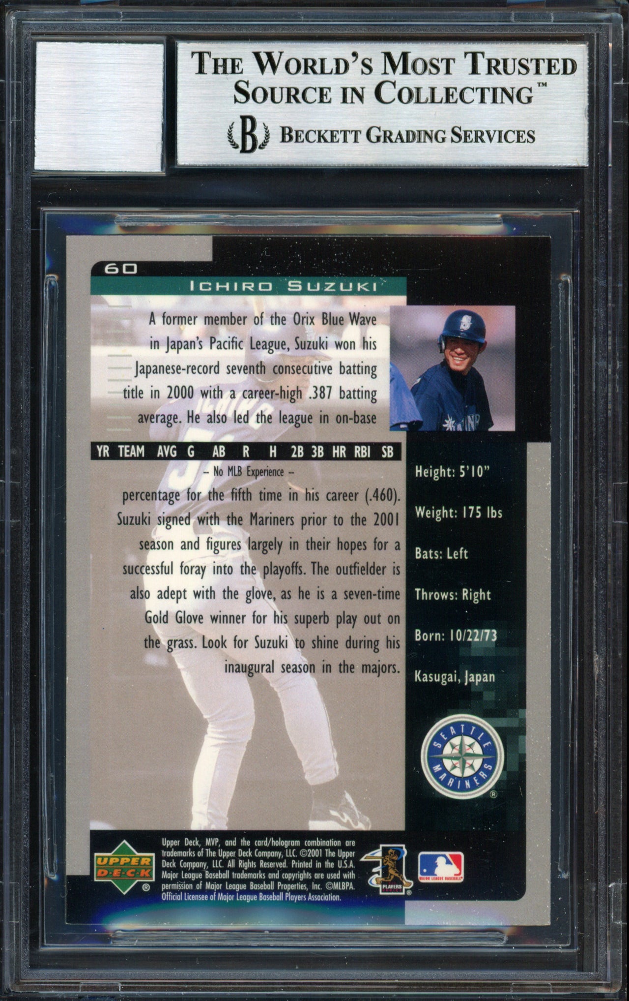 Ichiro Suzuki Autographed 2001 Upper Deck MVP Rookie Card #60 Seattle Mariners Auto Grade 10 Beckett BAS Stock #182375