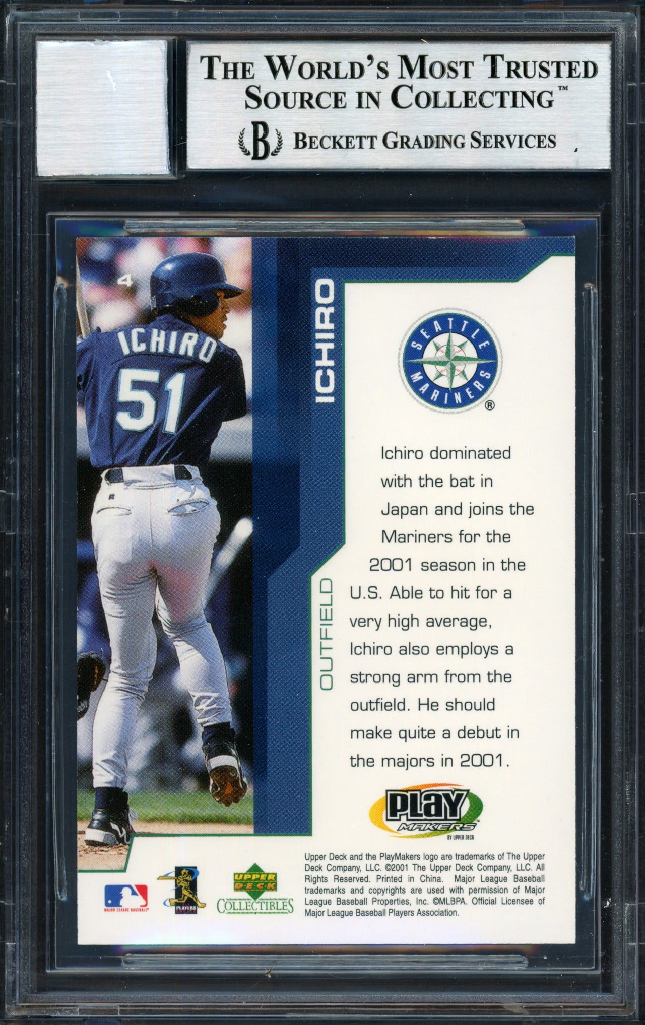 Ichiro Suzuki Autographed 2001 Upper Deck Play Makers Rookie Card #4 Seattle Mariners Auto Grade 10 Beckett BAS #12490821