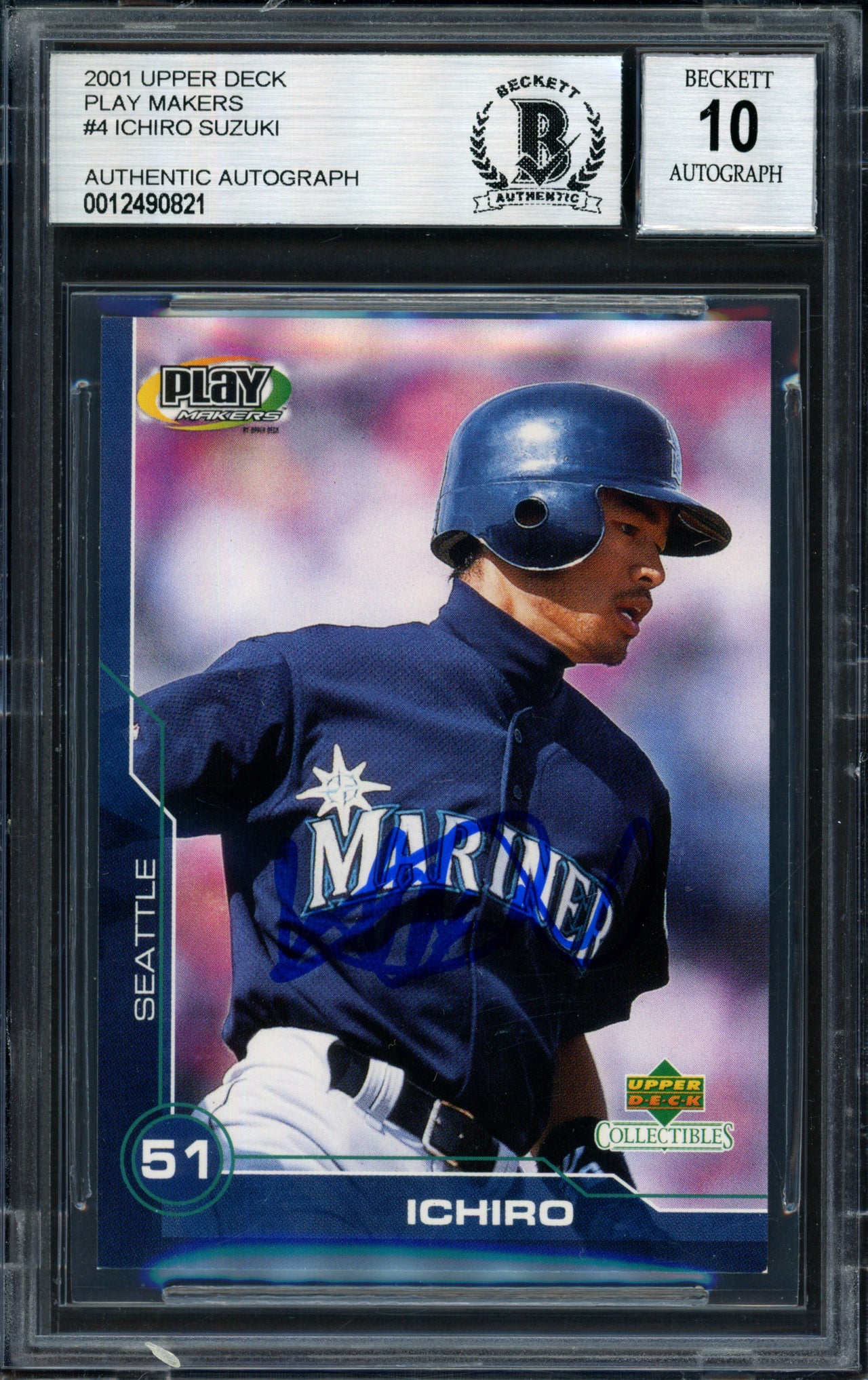 Ichiro Suzuki Autographed 2001 Upper Deck Play Makers Rookie Card #4 Seattle Mariners Auto Grade 10 Beckett BAS #12490821