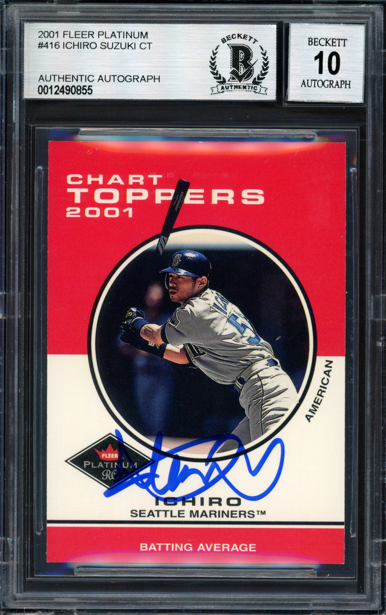 Ichiro Suzuki Autographed 2001 Fleer Platinum Chart Toppers Rookie Card #416 Seattle Mariners Auto Grade 10 Beckett BAS #12490855