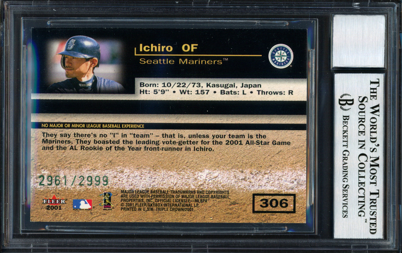 Ichiro Suzuki Autographed 2001 Fleer Triple Crown Rookie Card #306 Seattle Mariners #2961/2999 Auto Grade 10 Beckett BAS #12490896