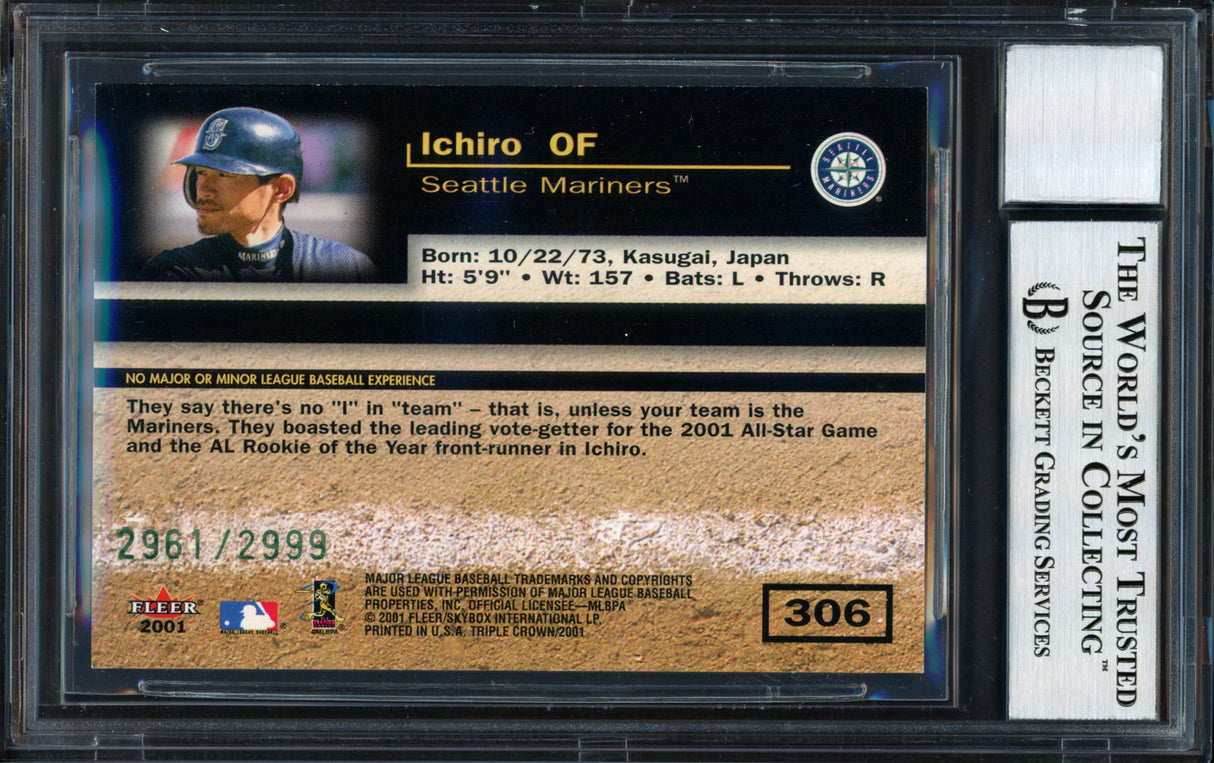 Ichiro Suzuki Autographed 2001 Fleer Triple Crown Rookie Card #306 Seattle Mariners #2961/2999 Auto Grade 10 Beckett BAS #12490896