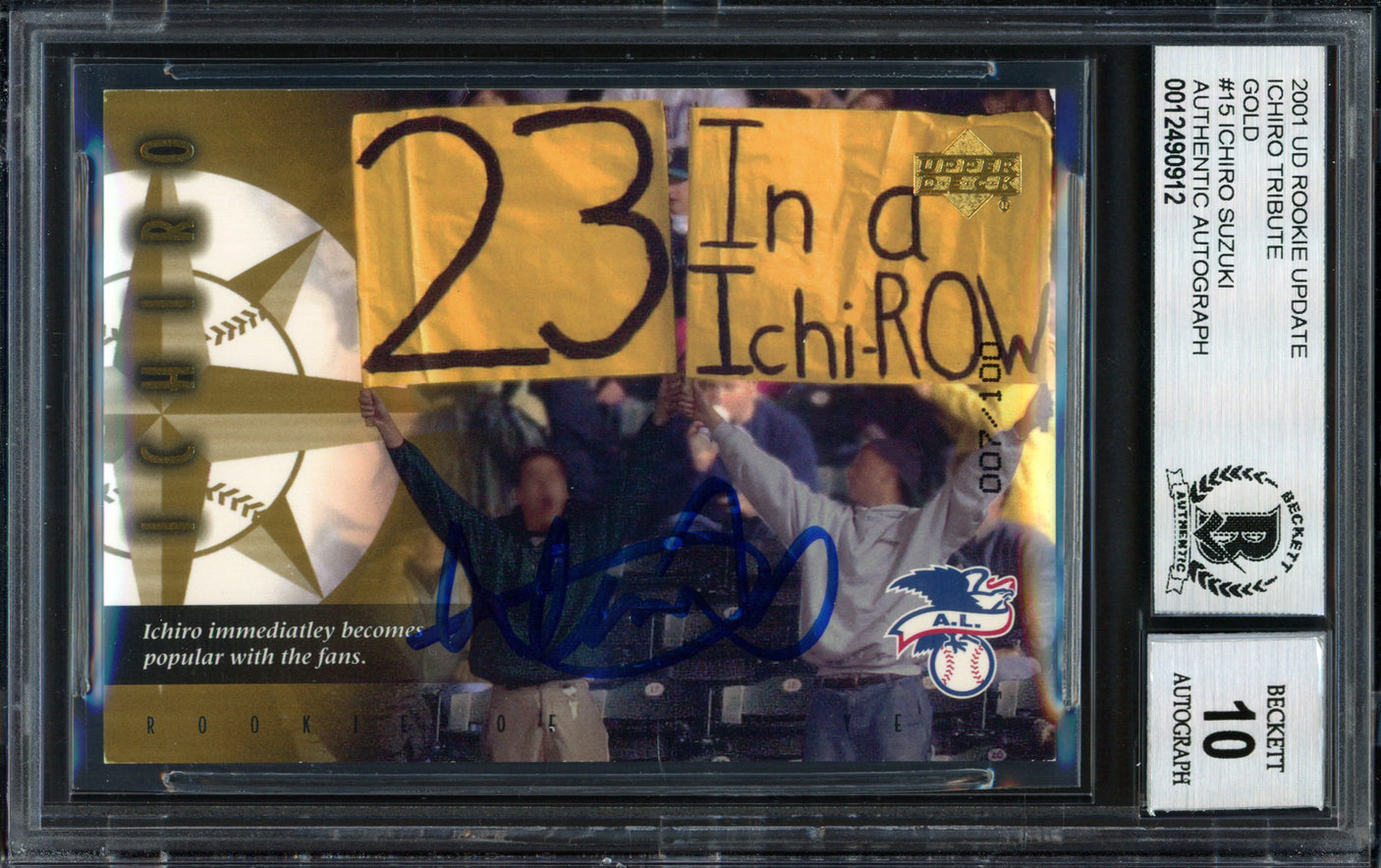 Ichiro Suzuki Autographed 2001 Upper Deck Rookie Update Gold Rookie Card #15 Seattle Mariners #7/100 Auto Grade 10 Beckett BAS #12490912