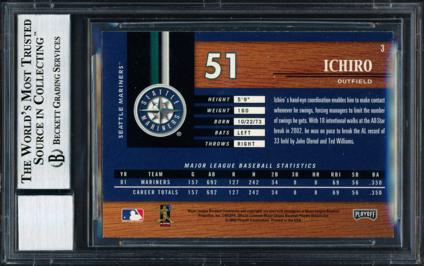 Ichiro Suzuki Autographed 2002 Playoff Piece of the Game Card #3 Seattle Mariners Auto Grade 10 Beckett BAS #12491009