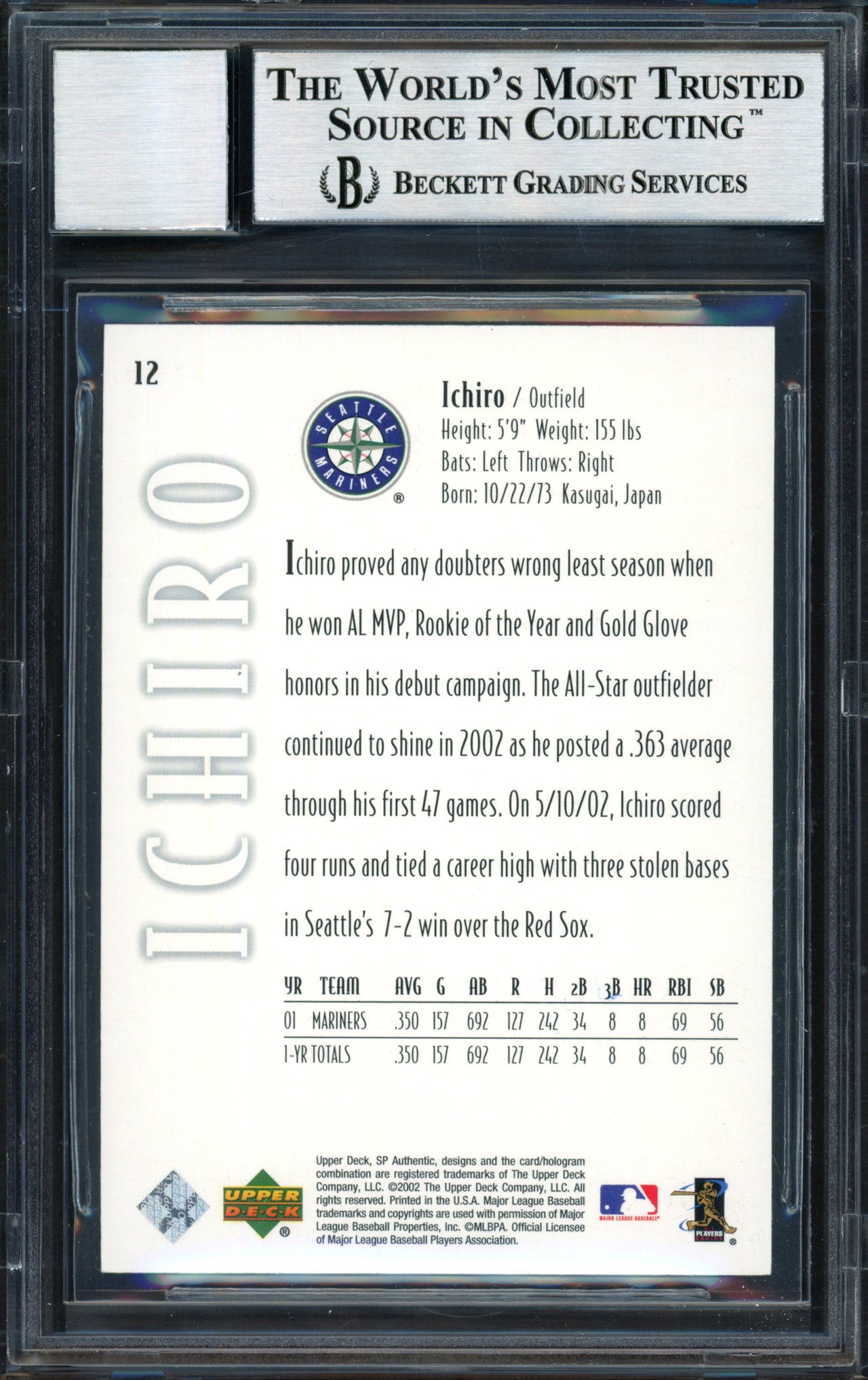 Ichiro Suzuki Autographed 2002 SP Authentic Card #12 Seattle Mariners Auto Grade 10 Beckett BAS #12491039