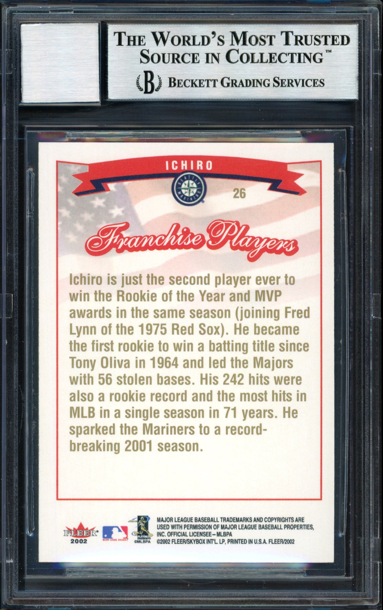 Ichiro Suzuki Autographed 2002 Fleer Franchise Players Card #26 Seattle Mariners Auto Grade 10 Beckett BAS #12491068
