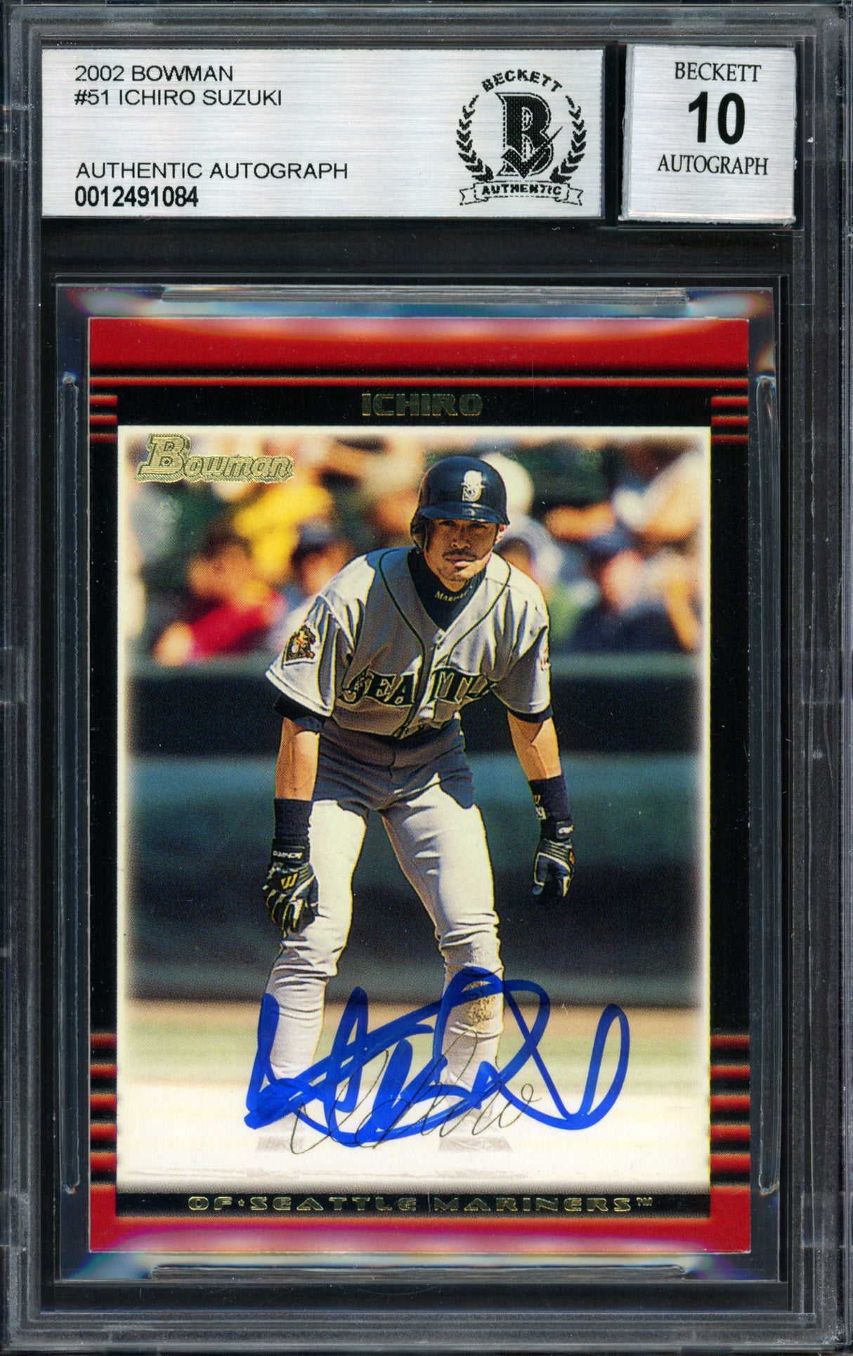 Ichiro Suzuki Autographed 2002 Bowman Card #51 Seattle Mariners Auto Grade 10 Beckett BAS #12491084