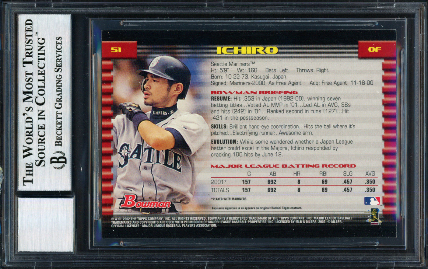 Ichiro Suzuki Autographed 2002 Bowman Card #51 Seattle Mariners Auto Grade 10 Beckett BAS #12491085