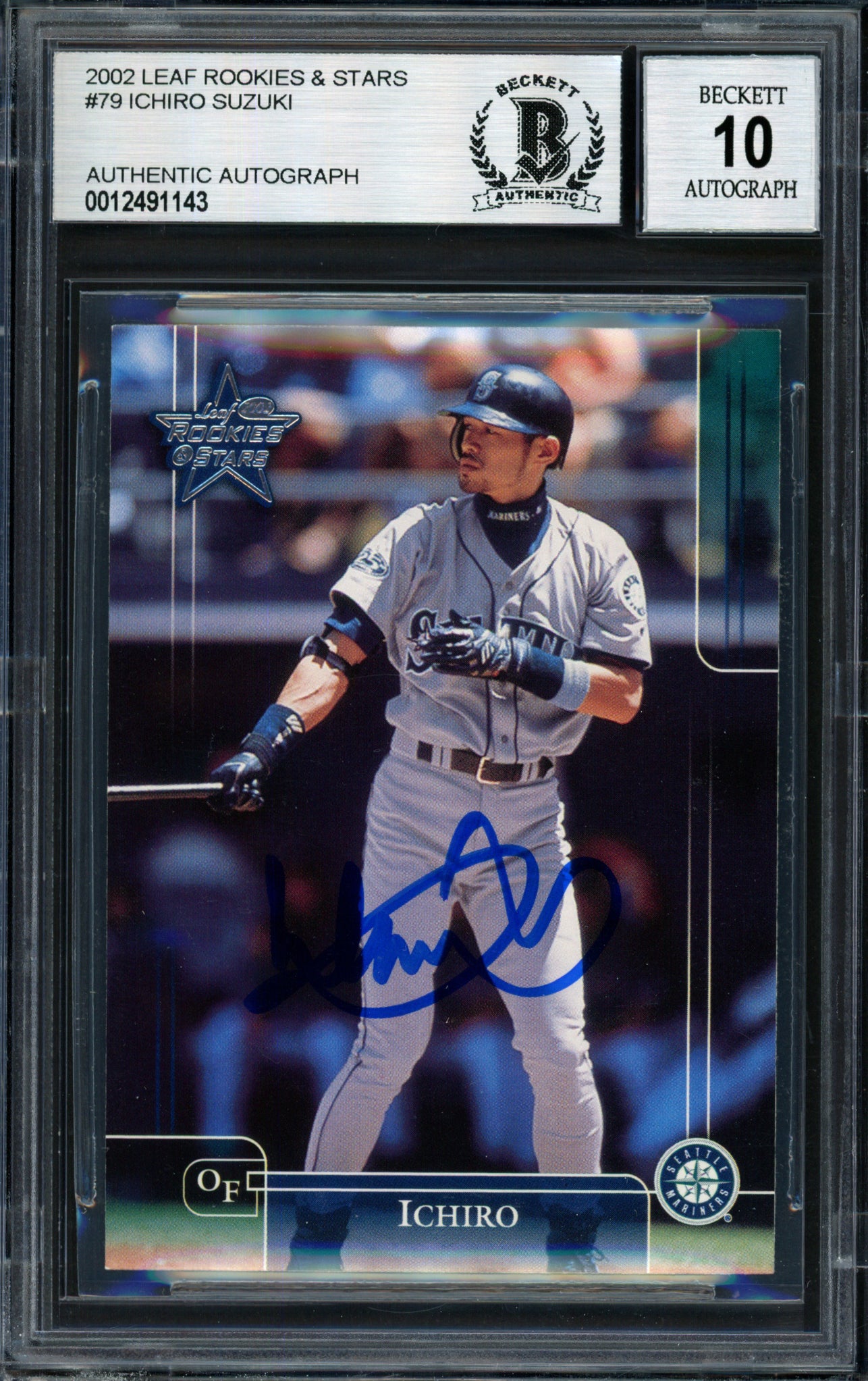 Ichiro Suzuki Autographed 2002 Leaf Rookie & Stars Card #79 Seattle Mariners Auto Grade 10 Beckett BAS #12491143